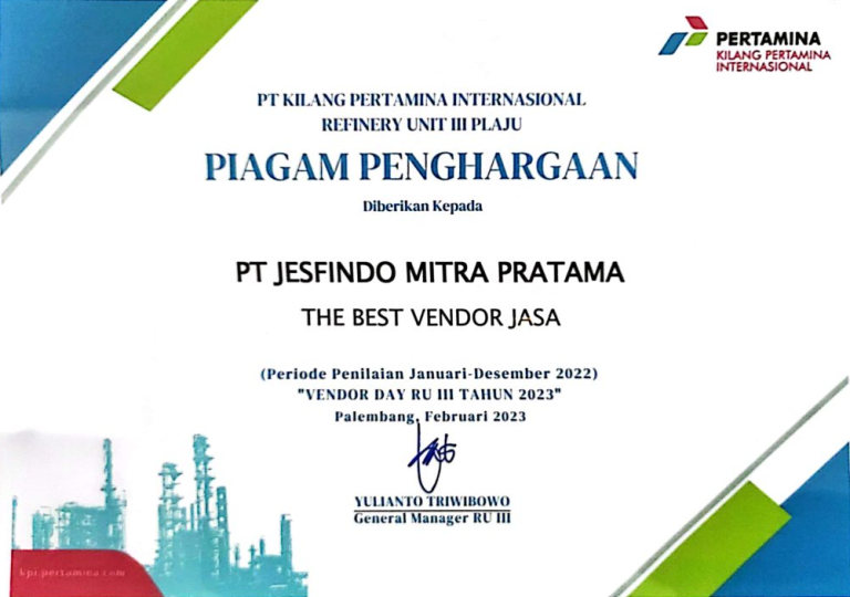 The Best Company Partner Award from PT Pertamina RU III Plaju 2023