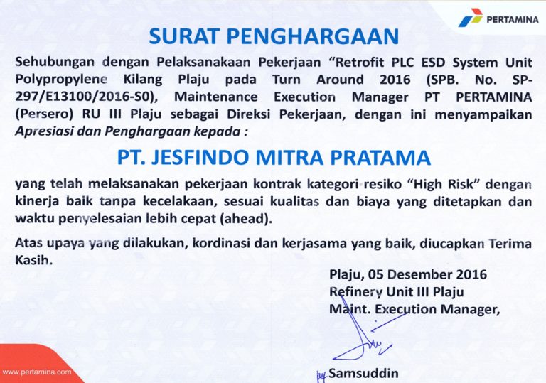 The Best Company Partner Award from PT Pertamina RU III Plaju 2016