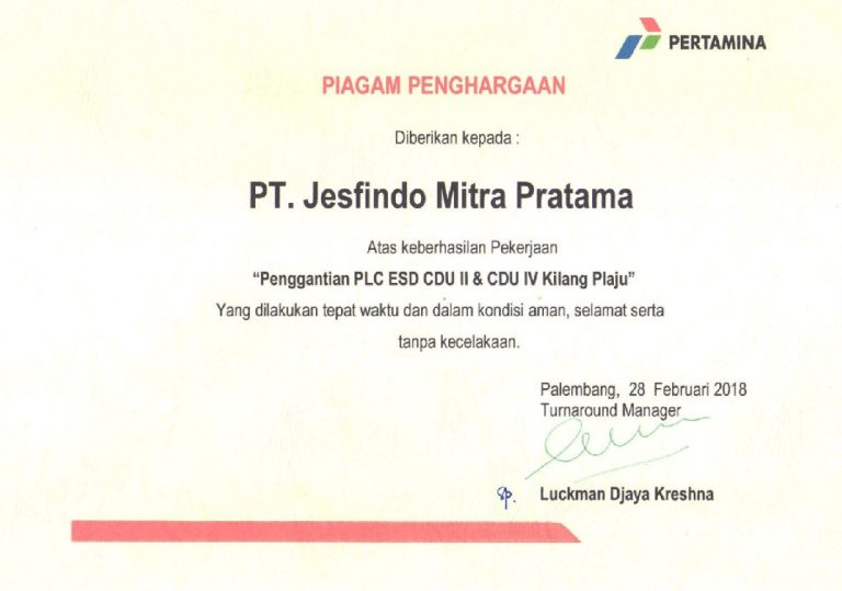 The Best Company Partner Award from PT Pertamina RU III Plaju 2018