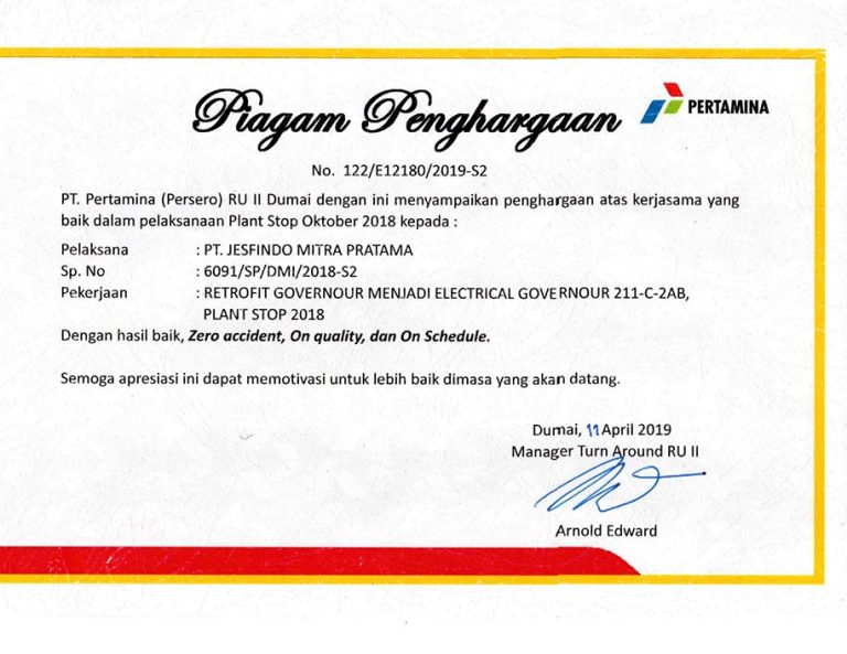 The Best Company Partner Award from PT Pertamina RU II Dumai 2019