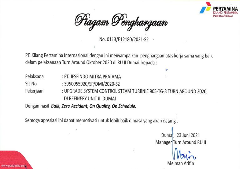 The Best Company Partner Award from PT Pertamina RU II Dumai 2021