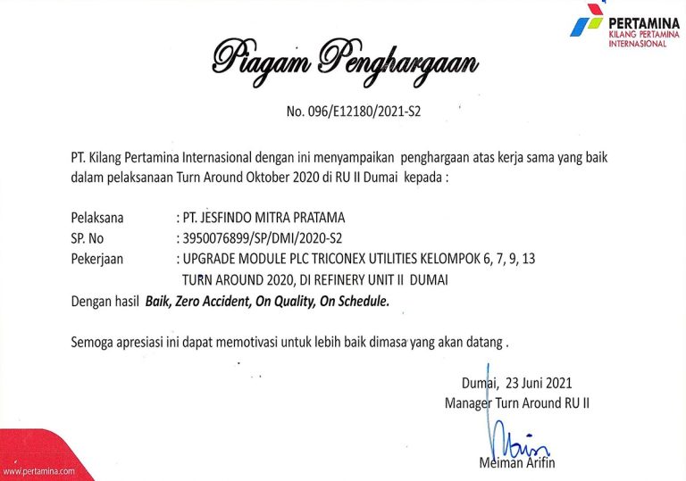 The Best Company Partner Award from PT Pertamina RU II Dumai 2021