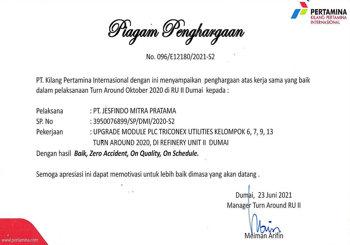 The Best Company Partner Award from PT Pertamina RU II Dumai 2021